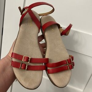 BASS SUNJUNS Red Leather Ankle strappy sandals Size 8